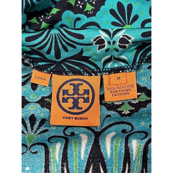 Tory Burch Shift Blue Green Geometric Silk Dress Medium M 3/4 Sleeve Stretch - Picture 7 of 10